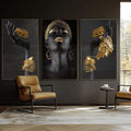 Quadro Decorativo: Mulher Radiante, Luxo em Preto & Ouro - quadros decorativos para sala 1 Tela Vertical, 3 Telas - em ambiente decorado