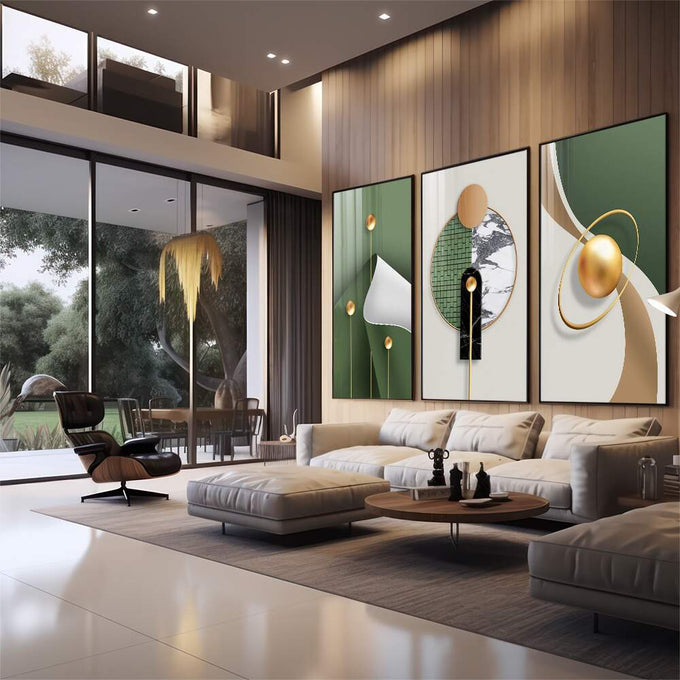 Quadro Decorativo: Harmonia Moderna em Cores Vibrantes - quadros decorativos 1 Tela Vertical, 3 Telas - em sala moderna