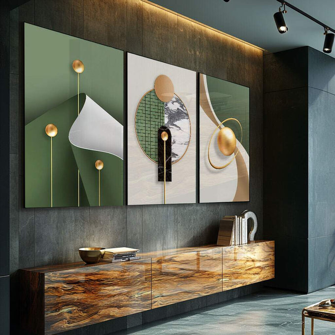 Quadro Decorativo: Harmonia Moderna em Cores Vibrantes - quadros decorativos para sala 1 Tela Vertical, 3 Telas - em ambiente decorado