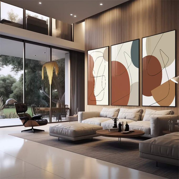 Quadro Decorativo Harmonia Geométrica: Elegância em Tons Neutros - quadros decorativos para sala 1 Tela Vertical, 3 Telas - em quarto contemporaneo