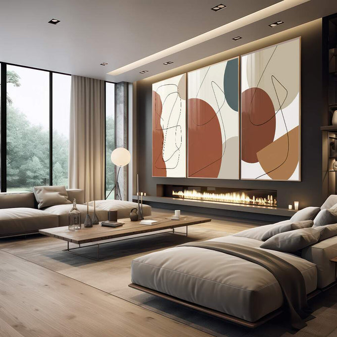 Quadro Decorativo Harmonia Geométrica: Elegância em Tons Neutros - quadros decorativos 1 Tela Vertical, 3 Telas - em escritorio elegante