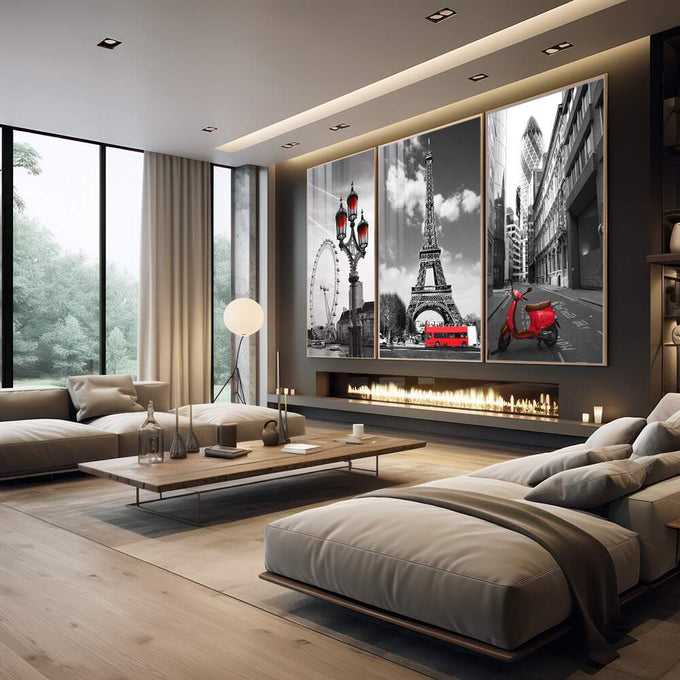 Quadro Decorativo Encantos da Europa: Desperte sua Alma Viajante - quadros decorativos 1 Tela Vertical, 3 Telas - em escritorio elegante