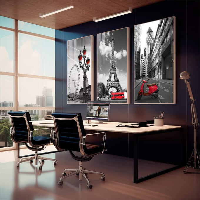 Quadro Decorativo Encantos da Europa: Desperte sua Alma Viajante - quadros decorativos 1 Tela Vertical, 3 Telas - em sala moderna