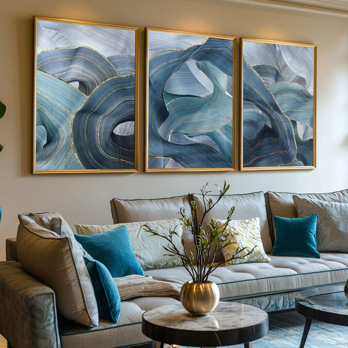 Quadro Decorativo Harmonia Abstrata: Luxo e Serenidade - quadros decorativos para sala 1 Tela Vertical, 3 Telas - em ambiente decorado