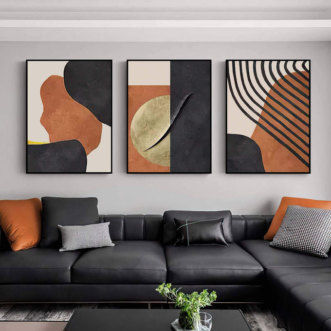 Quadro Decorativo: Luxo em Ouro e Ébano - Arte Rara - quadros decorativos para sala 1 Tela Vertical, 3 Telas - em ambiente decorado