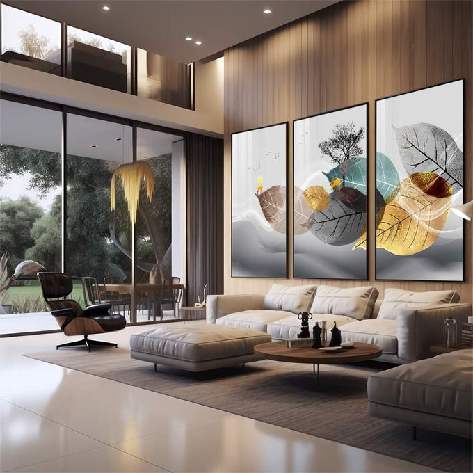 Quadro Decorativo Harmonia Natural: Pássaros e Entardecer - quadros decorativos 1 Tela Vertical, 3 Telas - em sala moderna
