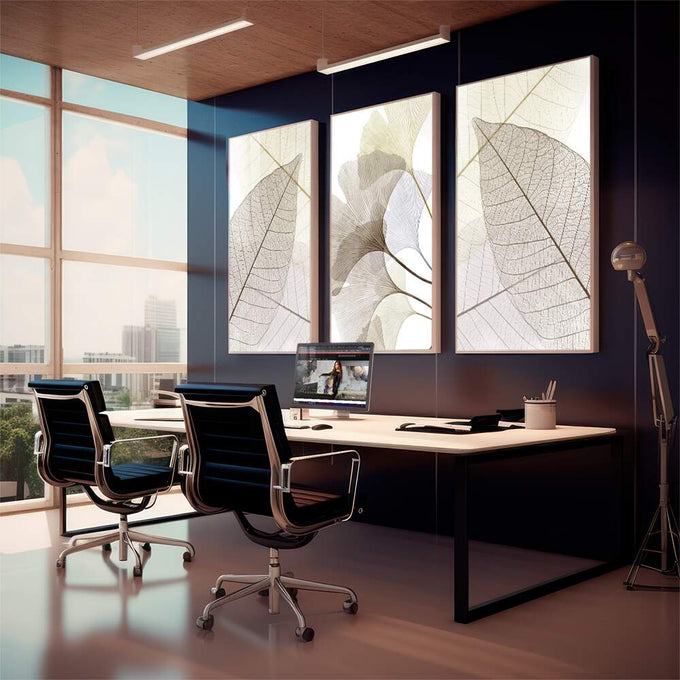 Quadro Decorativo Folhas de Ginkgo - Toque de Natureza Exclusivo - quadros decorativos 1 Tela Vertical, 3 Telas - em sala moderna