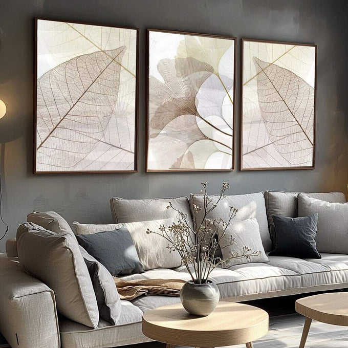 Quadro Decorativo Folhas de Ginkgo - Toque de Natureza Exclusivo - quadros decorativos para sala 1 Tela Vertical, 3 Telas - em ambiente decorado