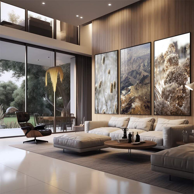 Quadro Decorativo Vista Outonal: Serenidade & Cores Vibrantes - quadros decorativos para sala 1 Tela Vertical, 3 Telas - em quarto contemporaneo