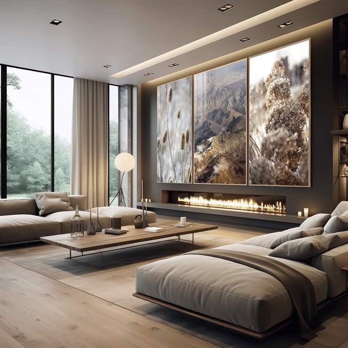 Quadro Decorativo Vista Outonal: Serenidade & Cores Vibrantes - quadros decorativos 1 Tela Vertical, 3 Telas - em escritorio elegante