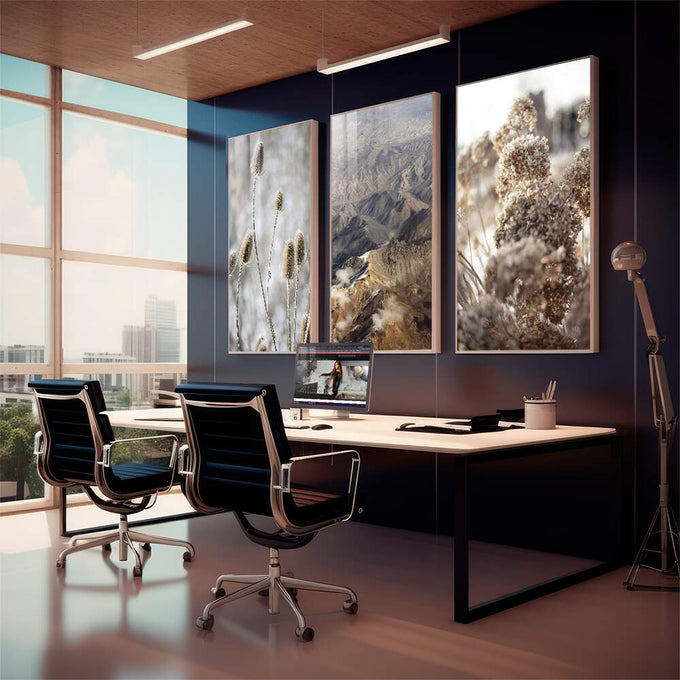 Quadro Decorativo Vista Outonal: Serenidade & Cores Vibrantes - quadros decorativos 1 Tela Vertical, 3 Telas - em sala moderna