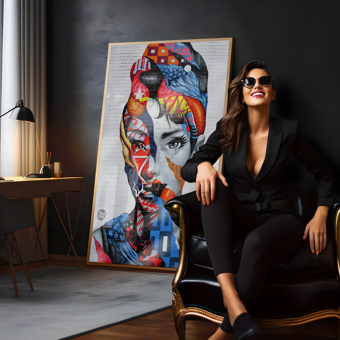 Rosto de mulher em grafite com padrões azuis e vermelhos sobre tijolos, quadro decorativo