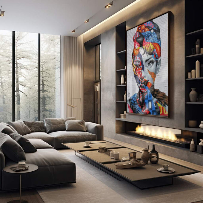 Quadro Decorativo: Mural Urbano Inspirador e Vibrante - quadros decorativos 1 Tela Vertical, 3 Telas - em sala moderna