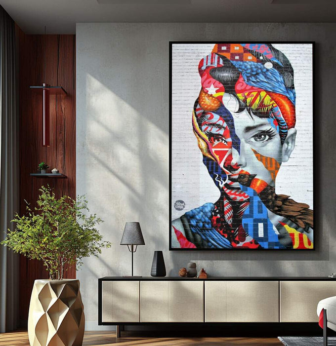 Quadro Decorativo: Mural Urbano Inspirador e Vibrante - quadros decorativos para sala 1 Tela Vertical, 3 Telas - em ambiente decorado