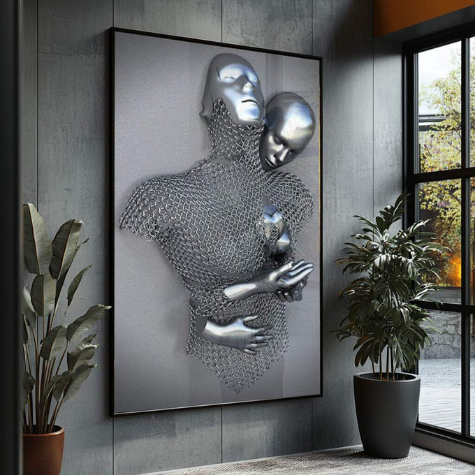 Quadro Decorativo Amor Eterno: Enlace de Almas em Prata - quadros decorativos para sala 1 Tela Vertical, 3 Telas - em ambiente decorado