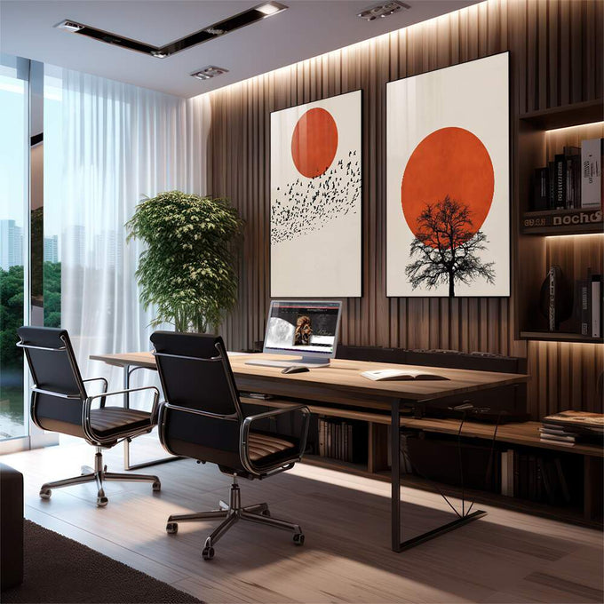 Quadro Decorativo: Crepúsculo Silencioso - Beleza e Paz - quadros decorativos 2 Telas, Abstratos e Geométricos - em escritorio elegante