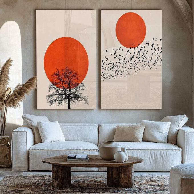 Quadro Decorativo: Crepúsculo Silencioso - Beleza e Paz - quadros decorativos para sala 2 Telas, Abstratos e Geométricos - em ambiente decorado