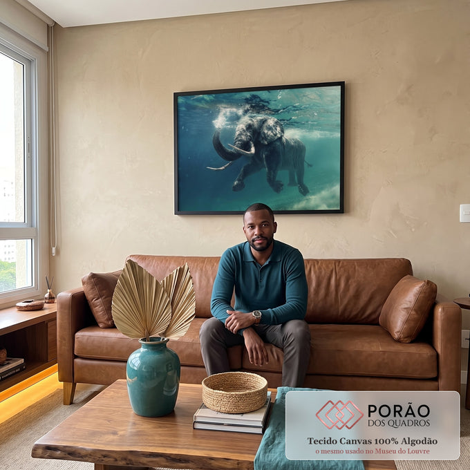 Quadro Decorativo Serenidade do Elefante na Água em sala de estar moderna - quadros decorativos para sala