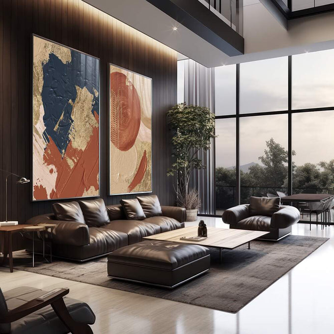 Quadro Decorativo: Colagem Abstrata de Cores Vibrantes - quadros decorativos 2 Telas, aquarela e pincelada - em escritorio elegante