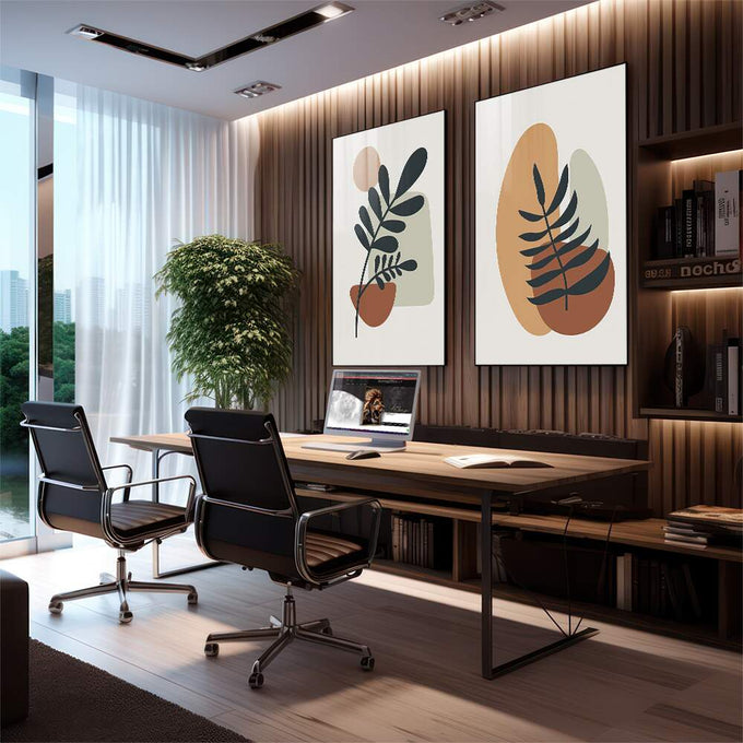Quadro Decorativo Folhagens Minimalistas - quadros decorativos 2 Telas, Arte abstrata - em escritorio elegante