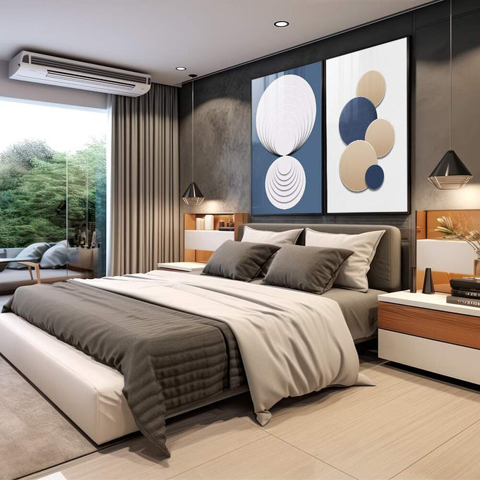 Quadro Decorativo: Abstração Cósmica, Toque Único - quadros decorativos 2 Telas, Abstratos e Geométricos - em sala moderna