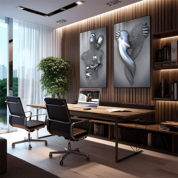 Quadro Decorativo: Elegância Metálica em Abstrato - quadros decorativos para sala 2 Telas, arte abstrata - em quarto contemporaneo