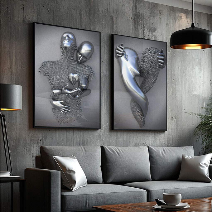 Quadro Decorativo: Elegância Metálica em Abstrato - quadros decorativos para sala 2 Telas, arte abstrata - em ambiente decorado
