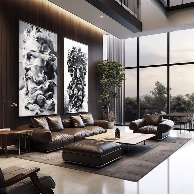 Quadro Decorativo Divindades Gregas: Contraste Único - quadros decorativos 2 Telas, ambientação premium - em sala moderna