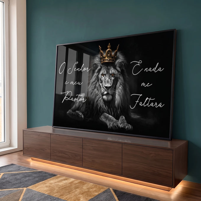 Quadro Decorativo Leão - O Senhor é Meu Pastor em Canvas Premium em ambiente decorado - quadros decorativos para sala
