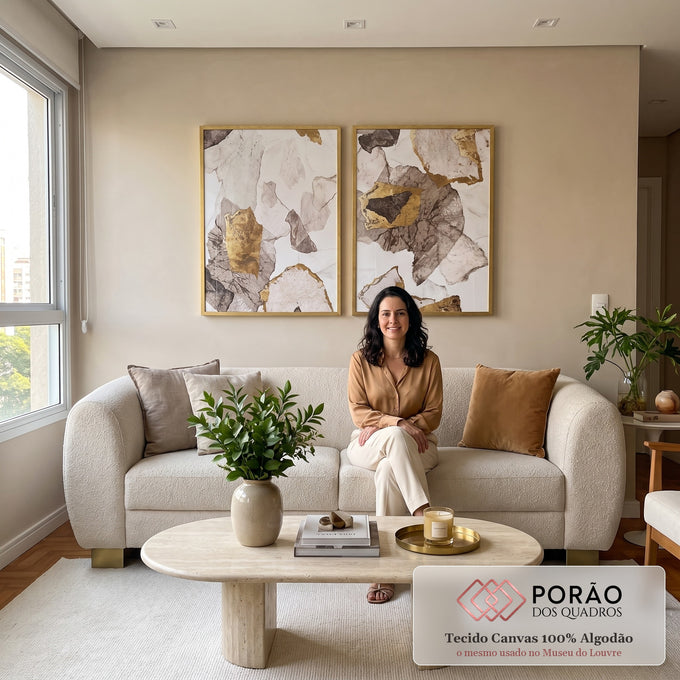 Quadro Decorativo Abstração Ouro e Branco Toque Luxuoso em sala de estar moderna - quadros decorativos para sala