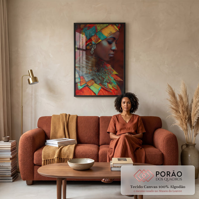 Quadro Decorativo Retrato Feminino Vibrante em sala de estar moderna - quadros decorativos para sala