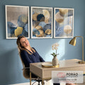 Quadro Decorativo Tríptico Elegante em Azul em escritorio moderno - quadros decorativos para sala