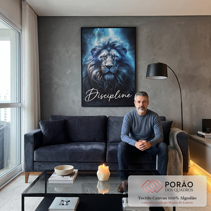 Quadro Decorativo Leão Disciplina Azul - Arte Inspiradora para Sua Decoração em sala de estar moderna - quadros decorativos para sala