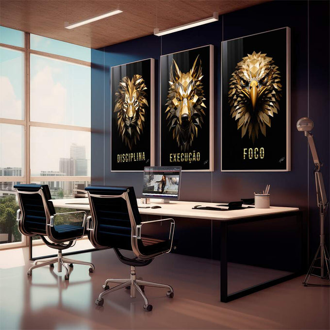 Quadro Decorativo Inspiração: Disciplina e Foco - quadros decorativos 1 Tela Vertical, 3 Telas - em sala moderna
