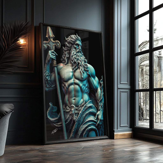 Quadro Decorativo Deus do Mar: Poder e Mistério - quadros decorativos para sala 1 Tela Vertical, 3 Telas - em ambiente decorado