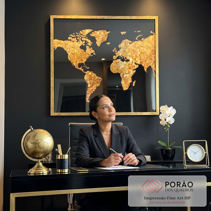 Quadro Decorativo: Mapa Mundi Elegante em Ouro e Preto em escritorio moderno - quadros decorativos para sala