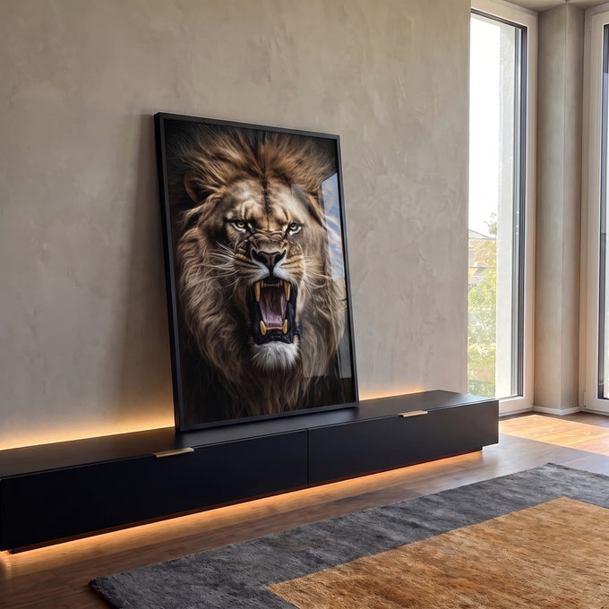 Quadro Decorativo: Majestade do Leão Selvagem em ambiente decorado - quadros decorativos para sala