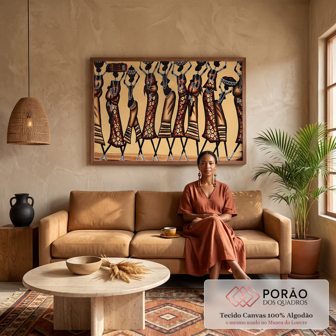 Quadro Decorativo: A Dança da Vida Africana Vibrante em sala de estar moderna - quadros decorativos para sala