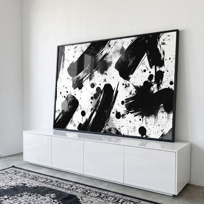 Quadro Decorativo Pinceladas em preto e branco em ambiente decorado - quadros decorativos para sala