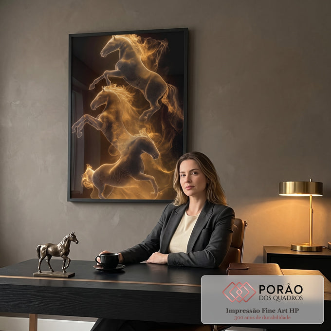 Quadro Decorativo Cavalos Dourados em Movimento em escritorio moderno - quadros decorativos para sala