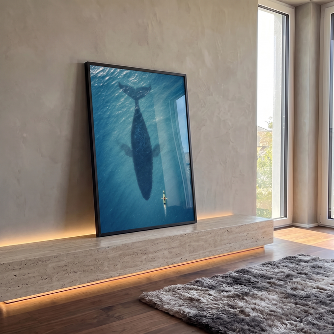 Quadro decorativo baleia oceano em ambiente cimento queimado - quadros decorativos para sala