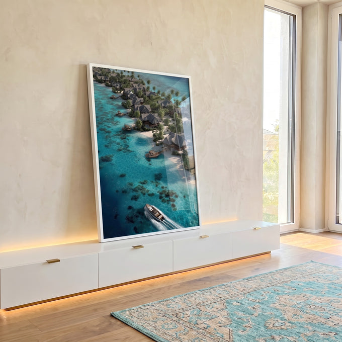 Quadro Decorativo Litoral Tropical Serene em ambiente decorado - quadros decorativos para sala