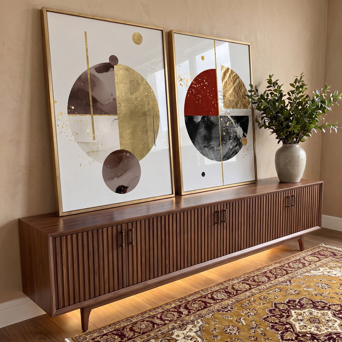 Quadro Decorativo Círculos Dourados: Uma Obra de Luxo em ambiente decorado - quadros decorativos para sala