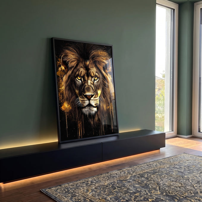 Quadro Decorativo Leão com Detalhes Dourados em ambiente decorado - quadros decorativos para sala