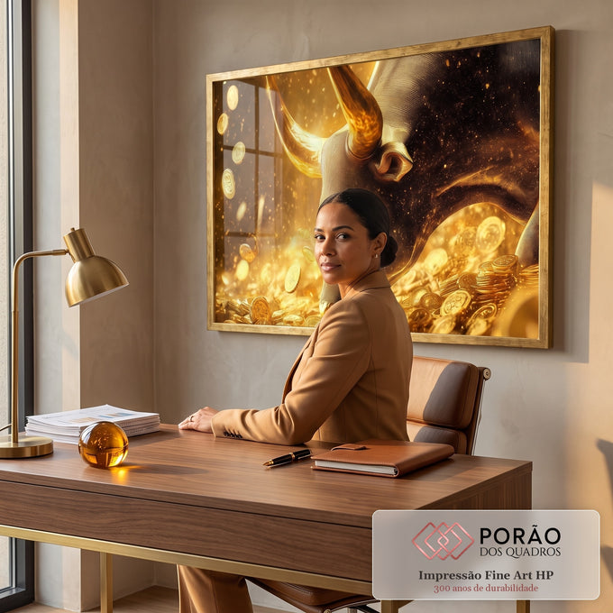 Quadro Decorativo Touro do Bitcoin em escritorio moderno - quadros decorativos para sala