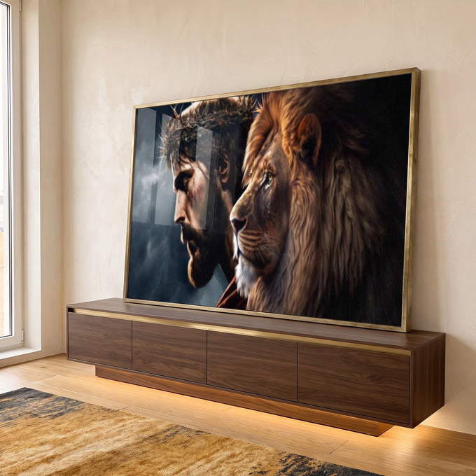Quadro Decorativo Divindade e Realeza Jesus e Leão de Judá em ambiente decorado - quadros decorativos para sala