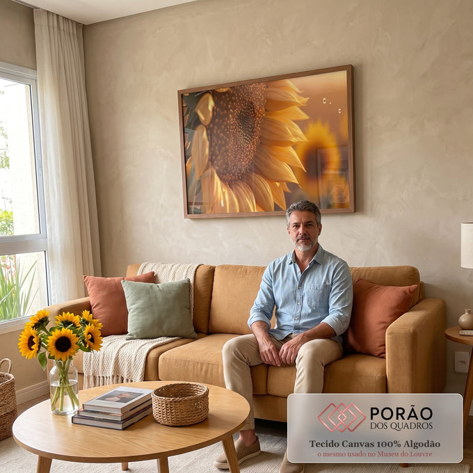 Quadro Decorativo Girassol: Uma Jornada Visual em sala de estar moderna - quadros decorativos para sala