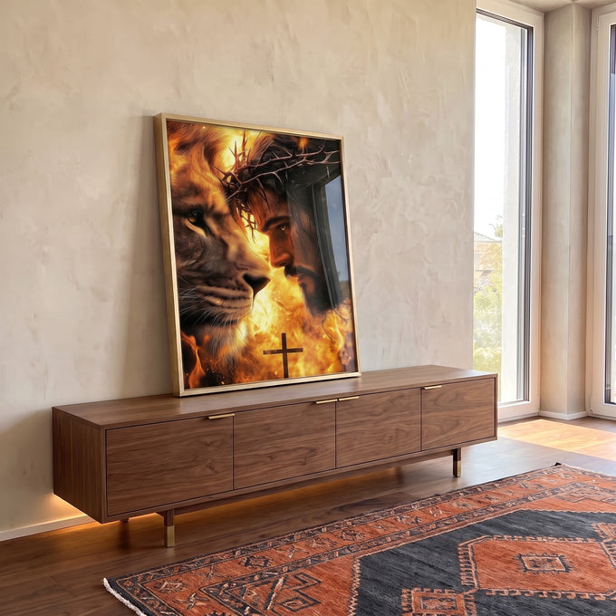 Quadro Decorativo Esplendor de Jesus e Leão de Judá Arte que Inspira em ambiente decorado - quadros decorativos para sala