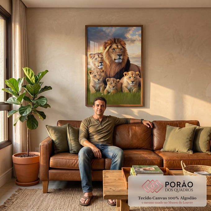 Quadro Decorativo: Majestade Familiar Leões na Savana em sala de estar moderna - quadros decorativos para sala