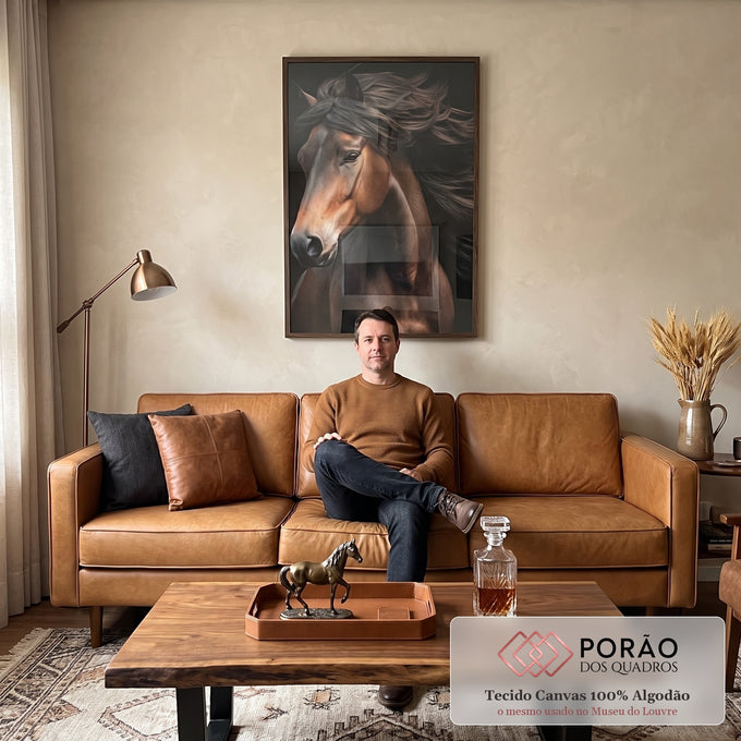 Quadro Decorativo Cavalo Majestoso em sala de estar moderna - quadros decorativos para sala